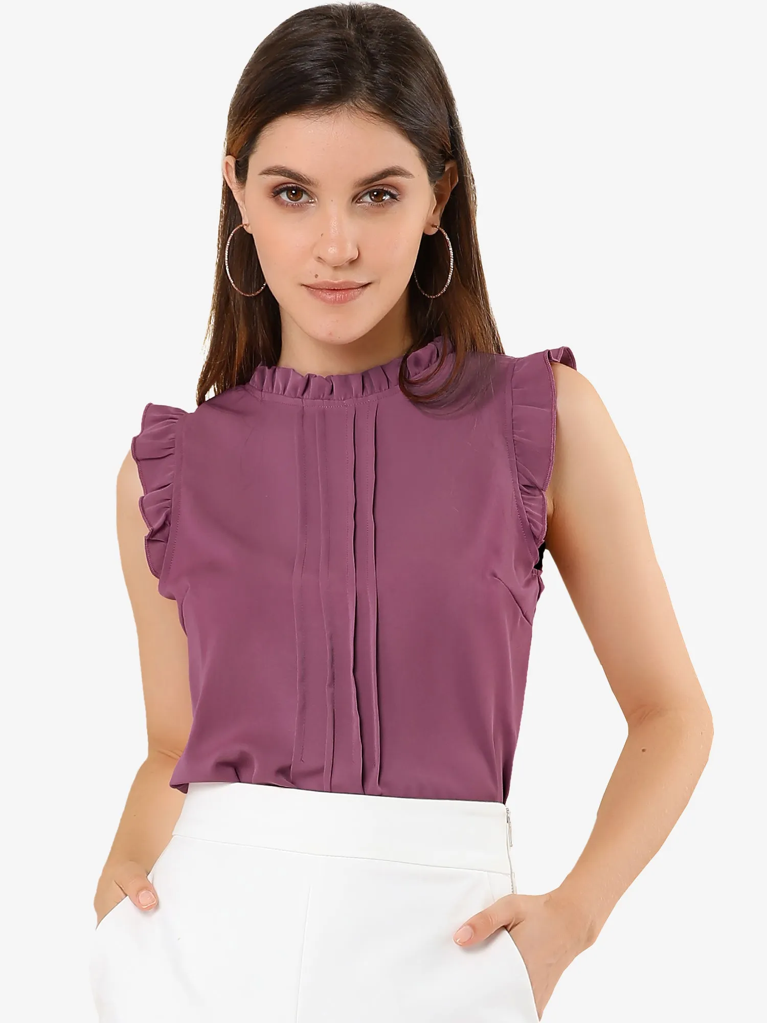 Business Office 1950s Ruffled Retro Sleeveless Work Blouses