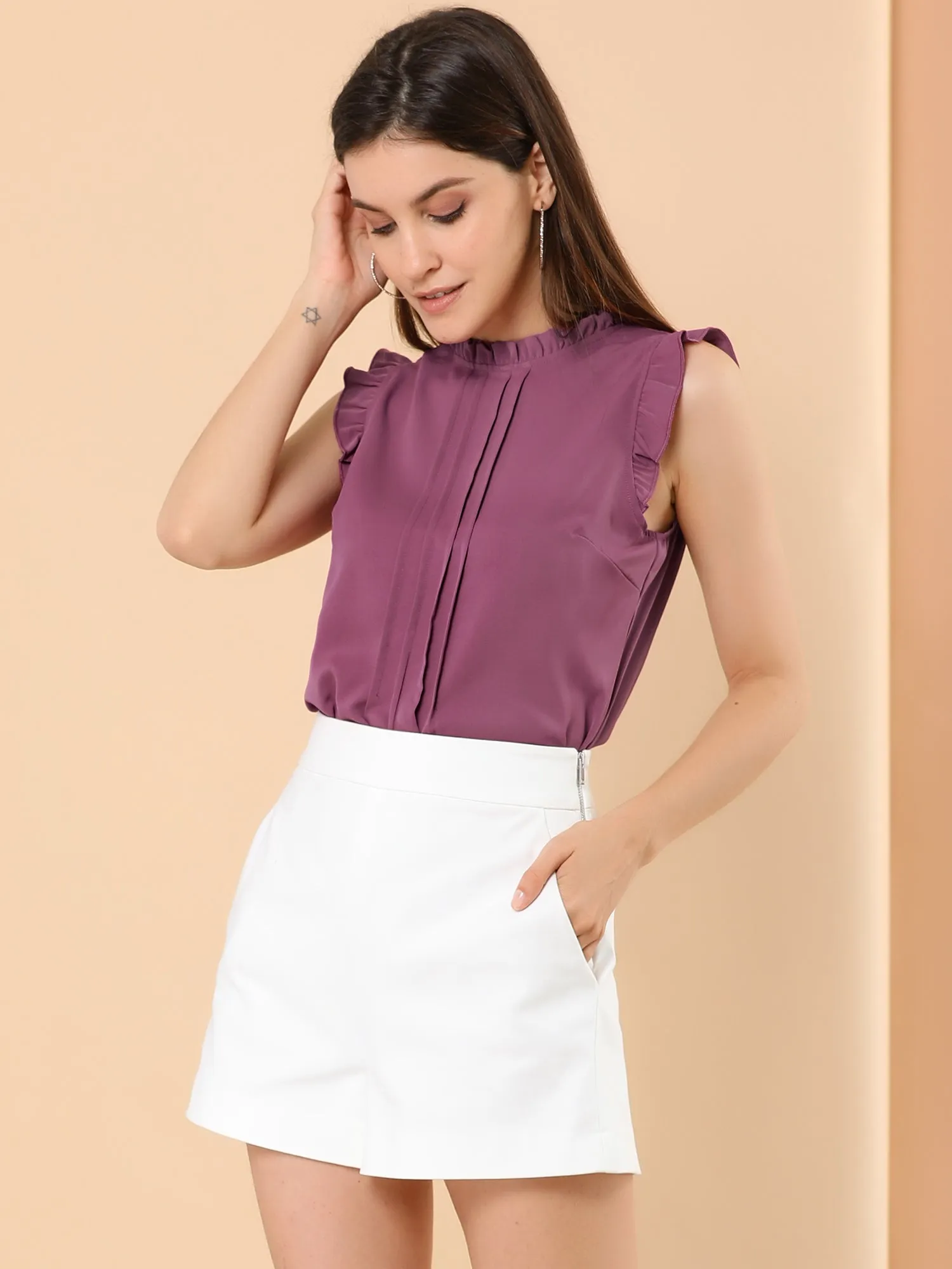 Business Office 1950s Ruffled Retro Sleeveless Work Blouses