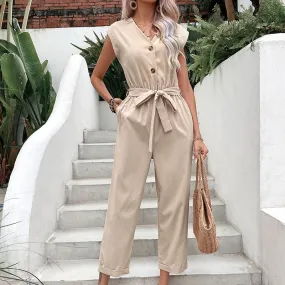 Button-Down Sleeveless V-Neck Commuter Cropped Jumpsuit Wholesale Women'S Clothing