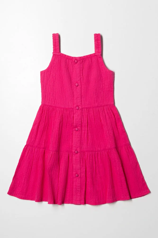 Button Down Tiered Dress Pink