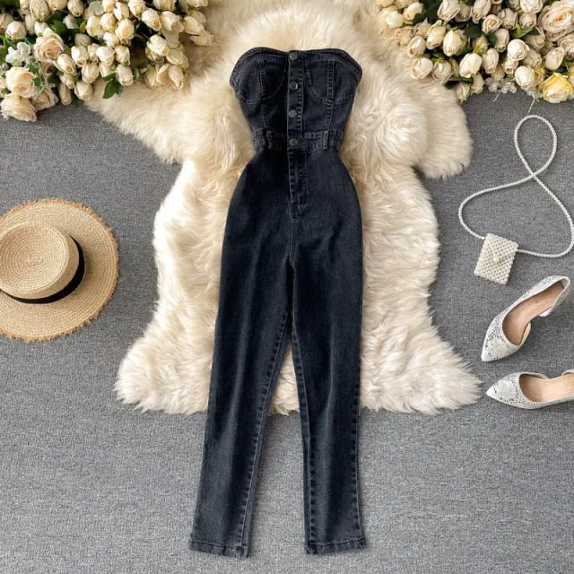 Button Strapless Slim Denim Jeans Jumpsuit Outfit