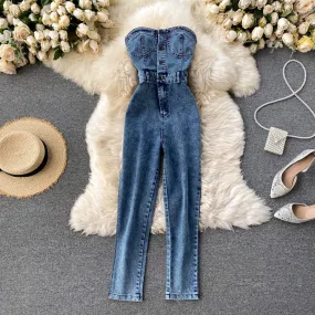 Button Strapless Slim Denim Jeans Jumpsuit Outfit