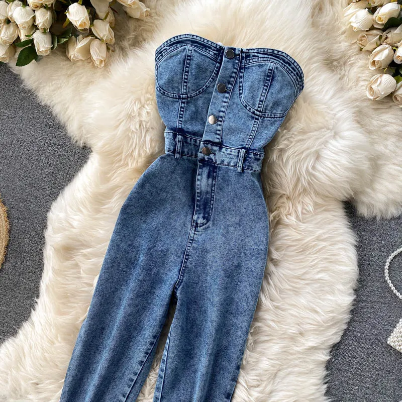 Button Strapless Slim Denim Jeans Jumpsuit Outfit