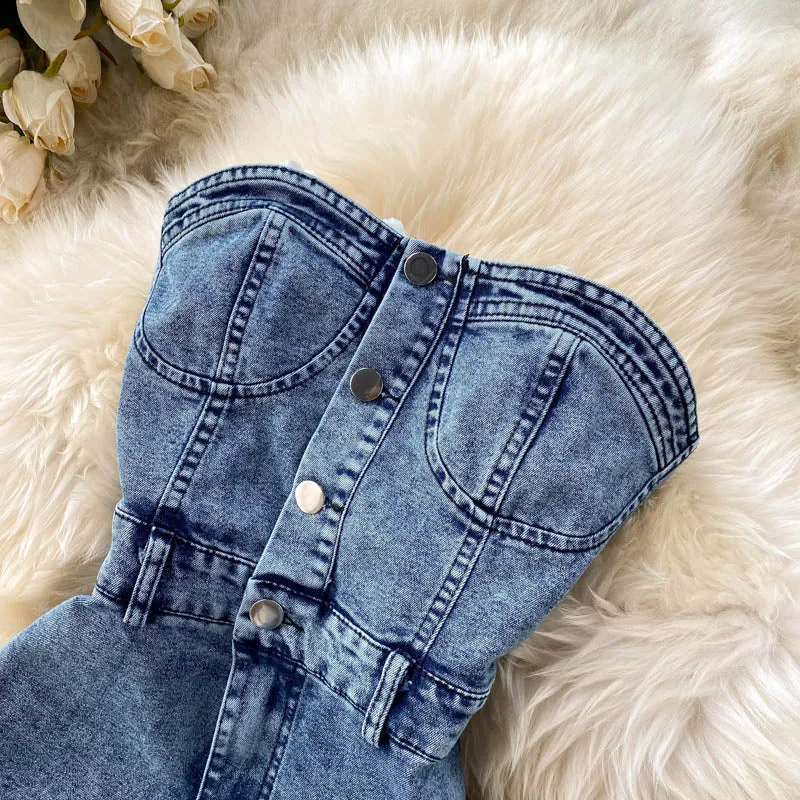 Button Strapless Slim Denim Jeans Jumpsuit Outfit