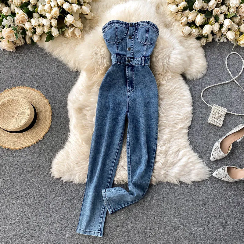 Button Strapless Slim Denim Jeans Jumpsuit Outfit