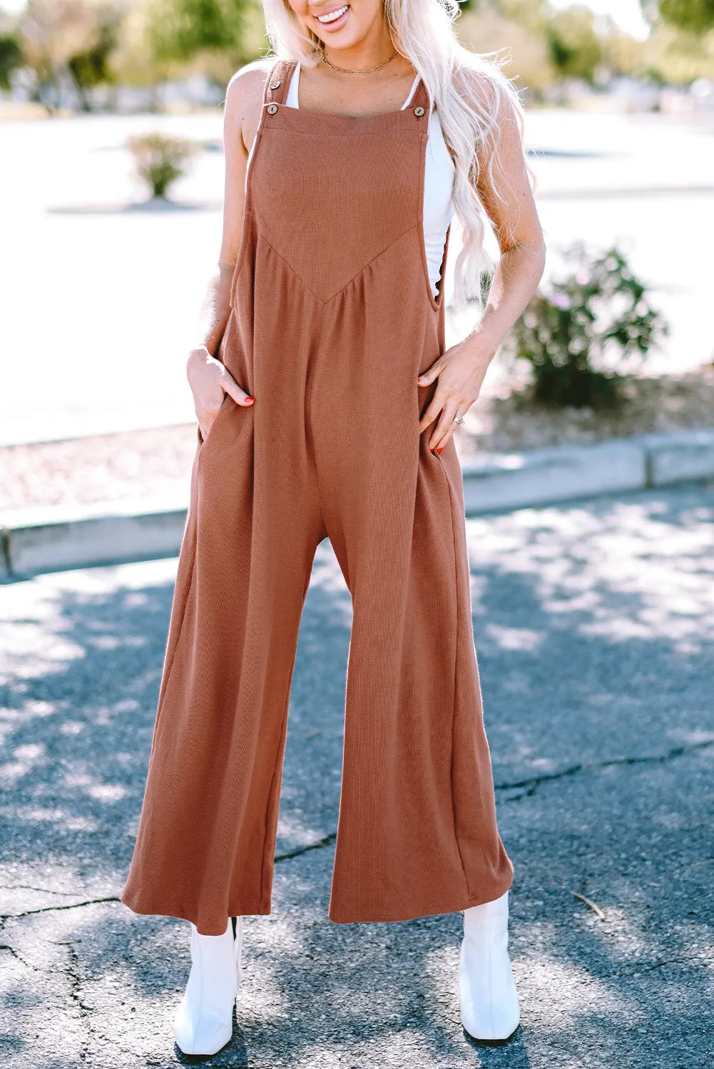 Buttoned Straps Ruched Wide Leg Jumpsuit