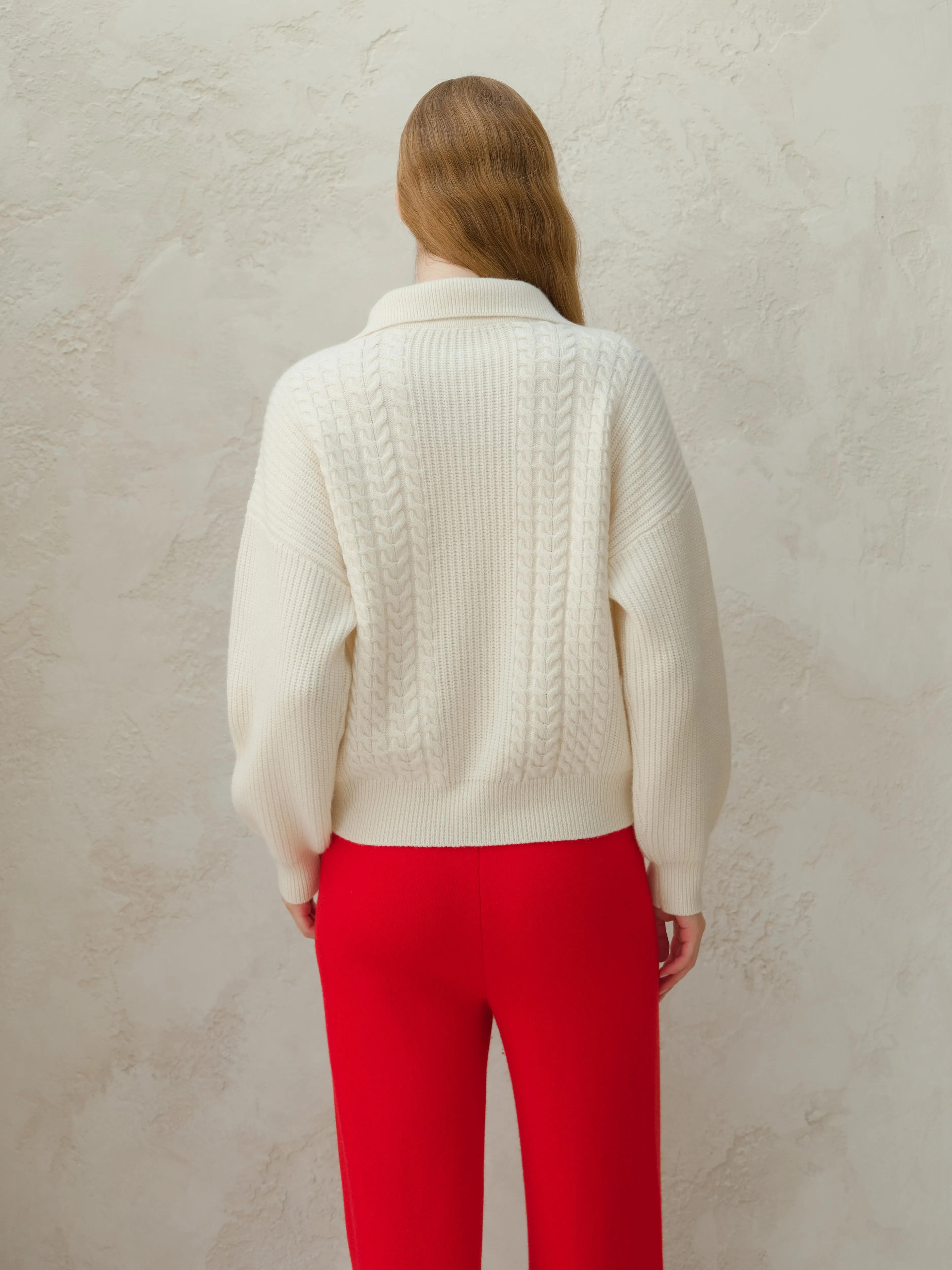 Cashmere Mix Cable Polo Cardigan