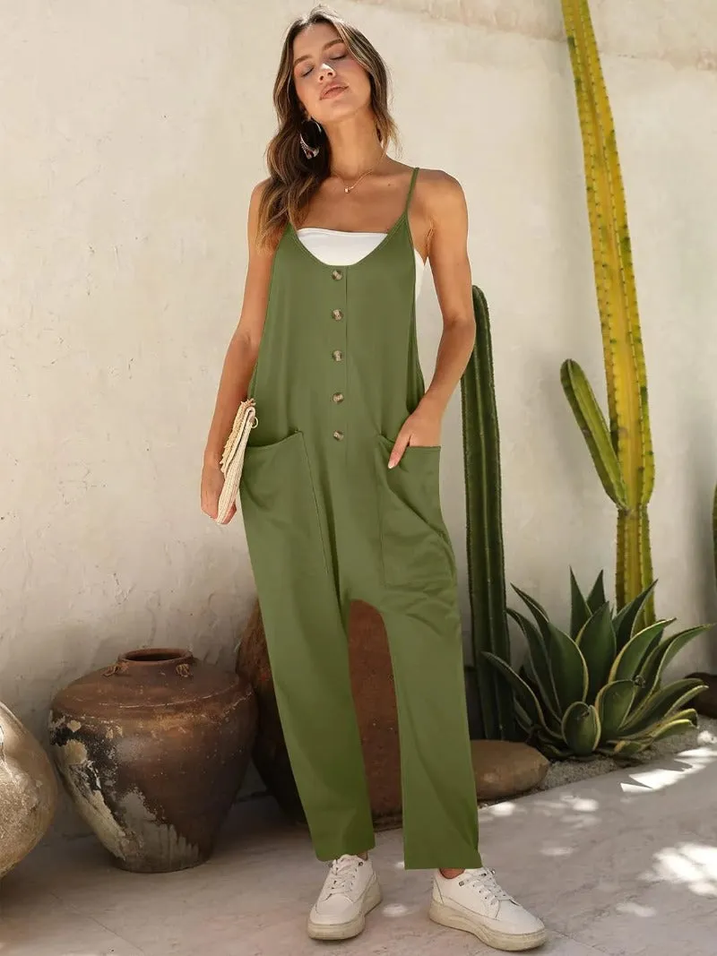 Casual Button Front Baggy Jumpsuits