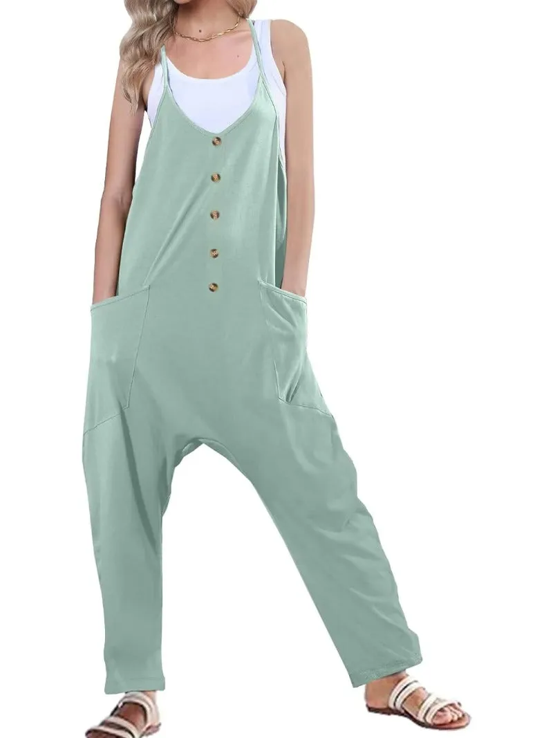 Casual Button Front Baggy Jumpsuits