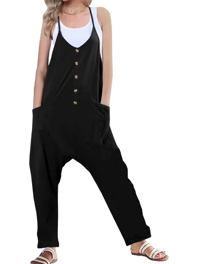 Casual Button Front Baggy Jumpsuits