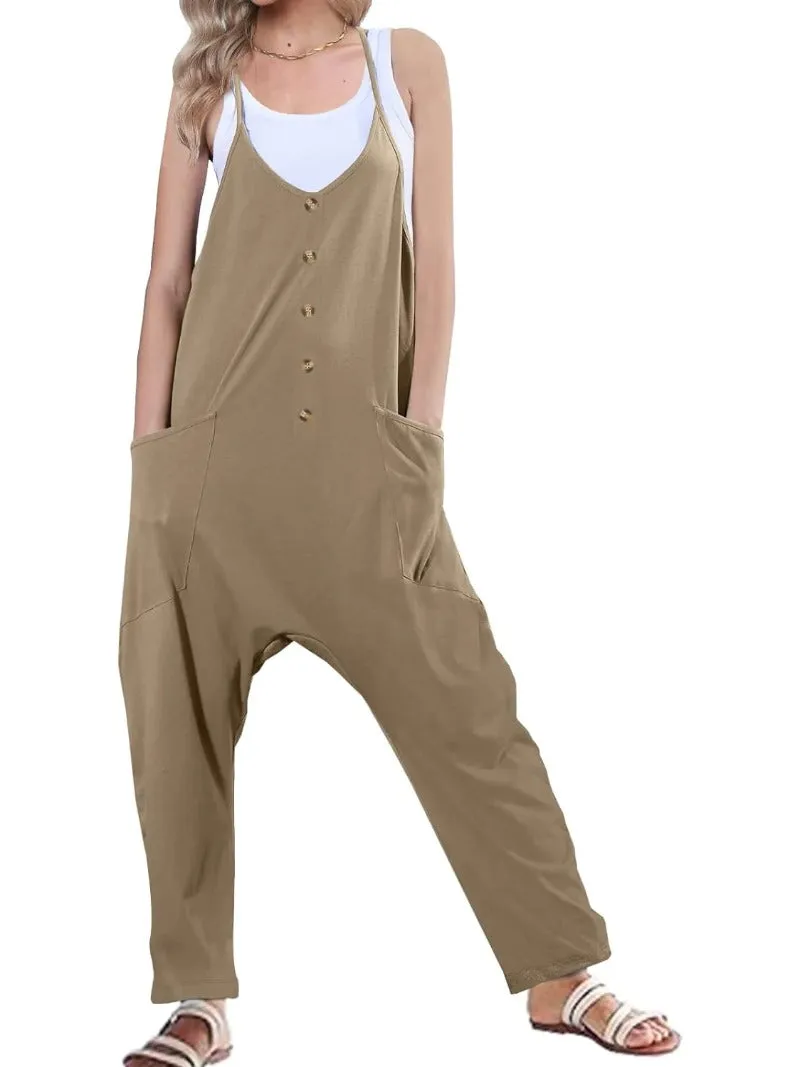 Casual Button Front Baggy Jumpsuits