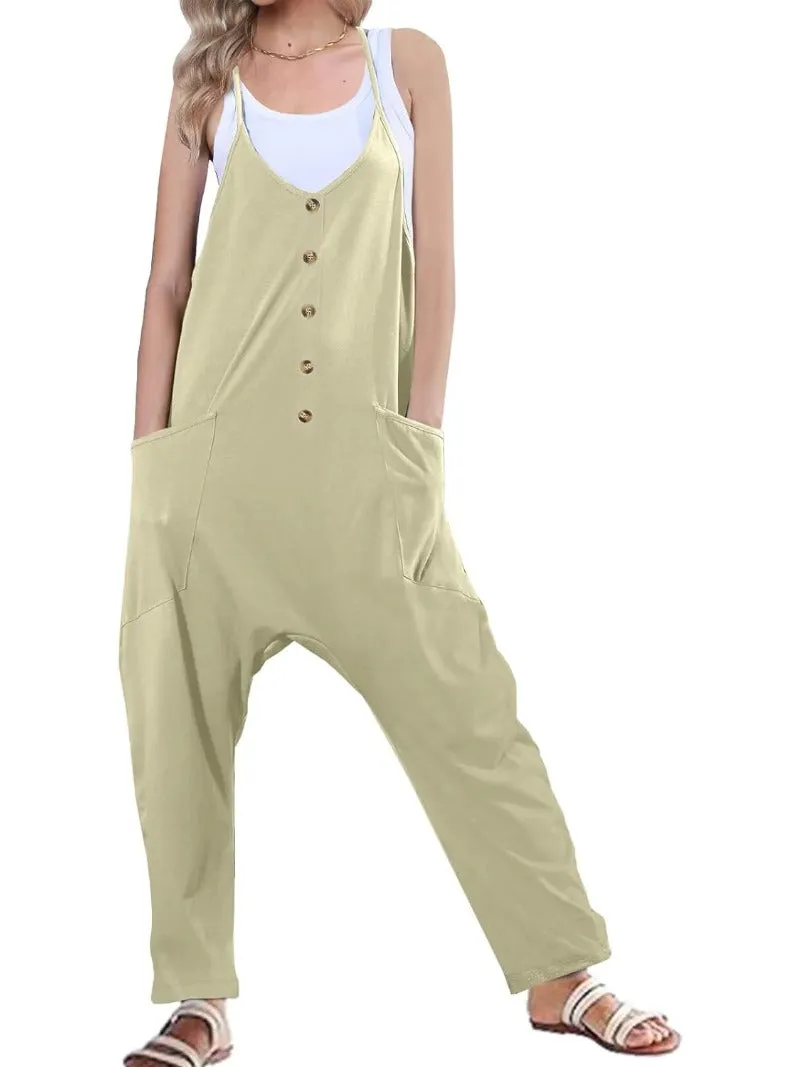 Casual Button Front Baggy Jumpsuits