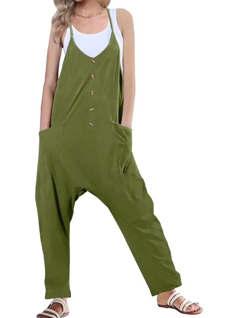 Casual Button Front Baggy Jumpsuits