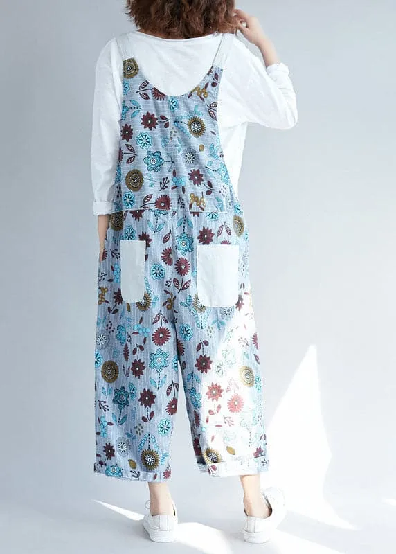 Casual light Grey pockets Patchwork Floral denim Jumpsuits Spring