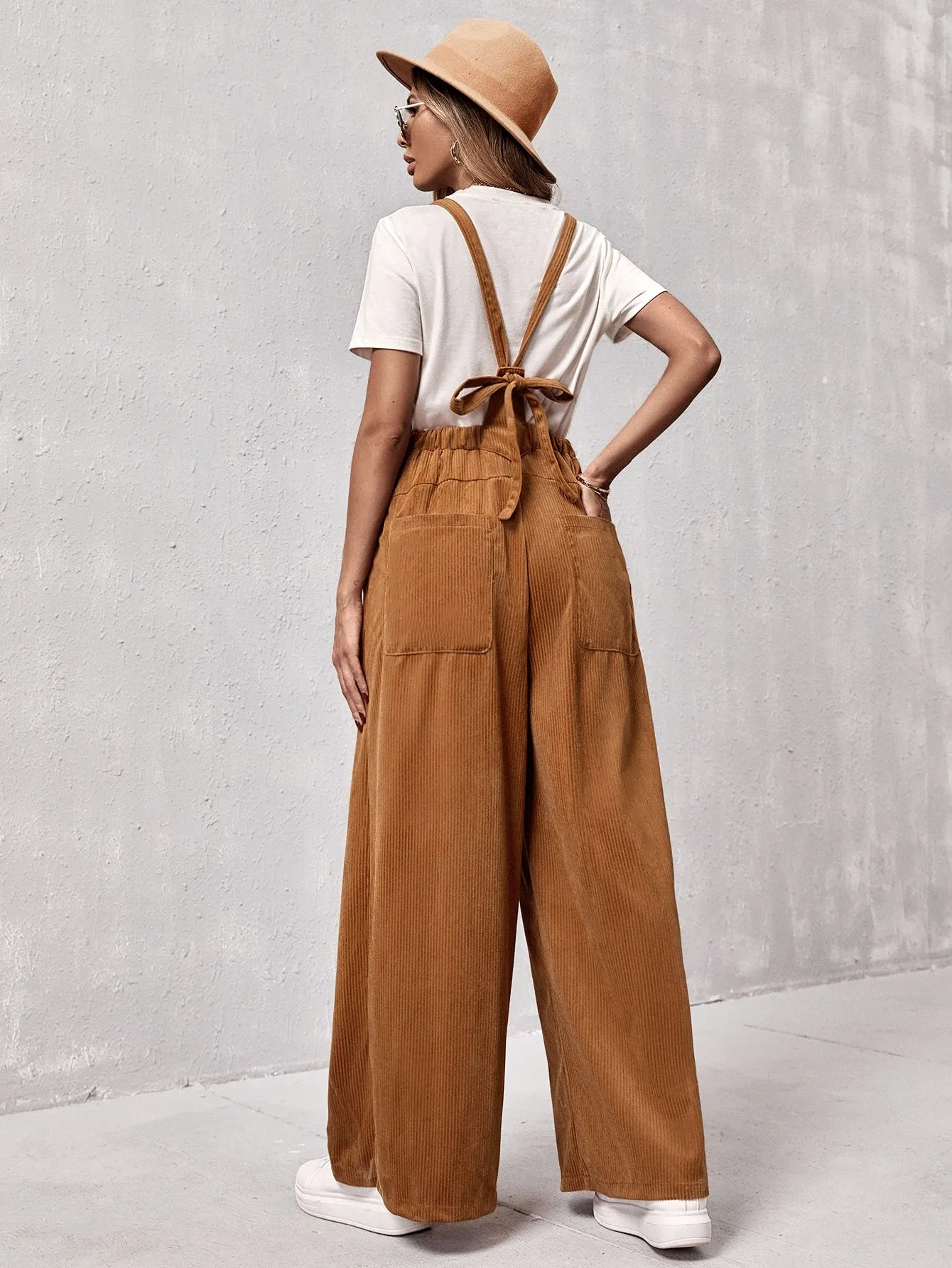 Casual Plain Pocket Sleeveless Straps Natural Long Women Jumpsuit