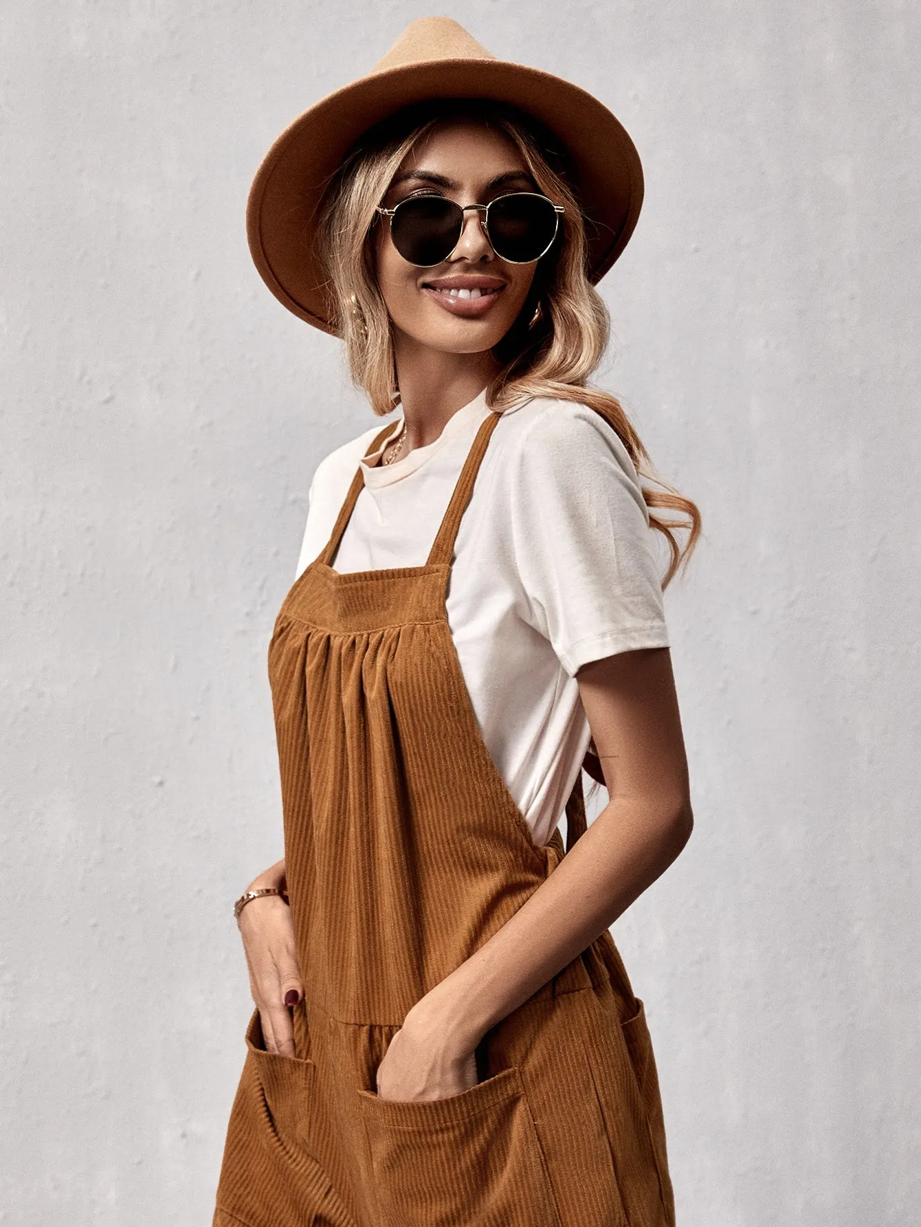 Casual Plain Pocket Sleeveless Straps Natural Long Women Jumpsuit