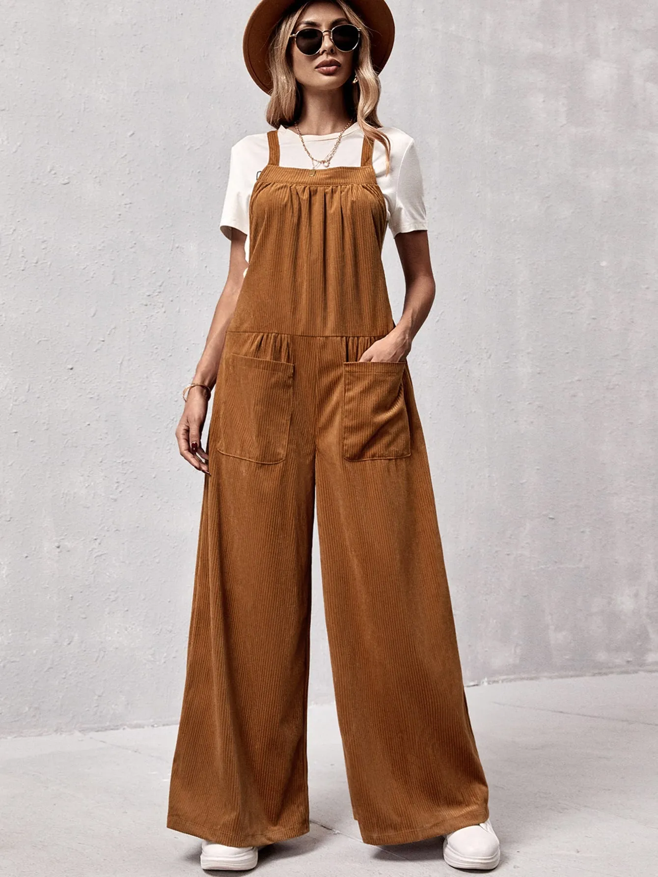 Casual Plain Pocket Sleeveless Straps Natural Long Women Jumpsuit