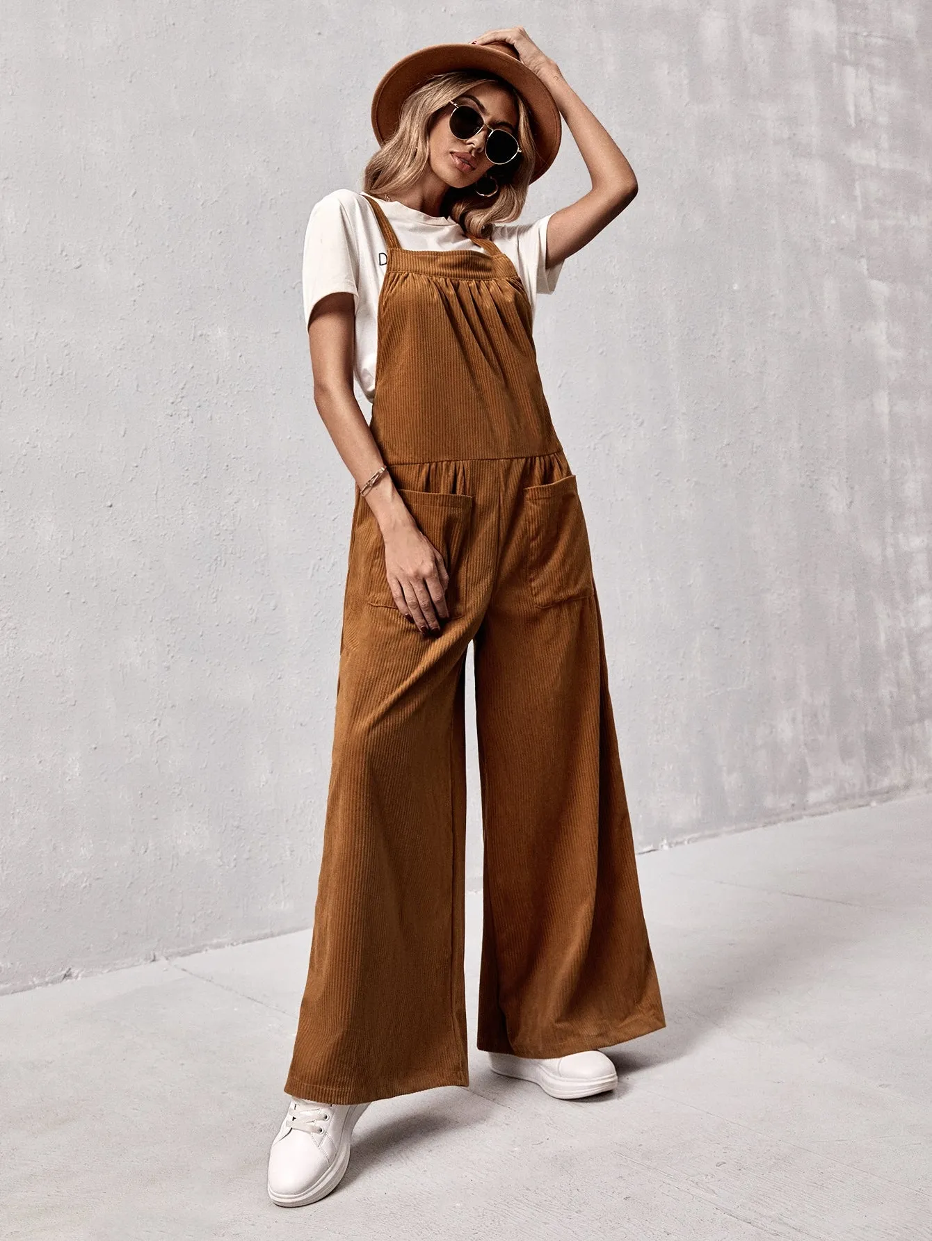 Casual Plain Pocket Sleeveless Straps Natural Long Women Jumpsuit