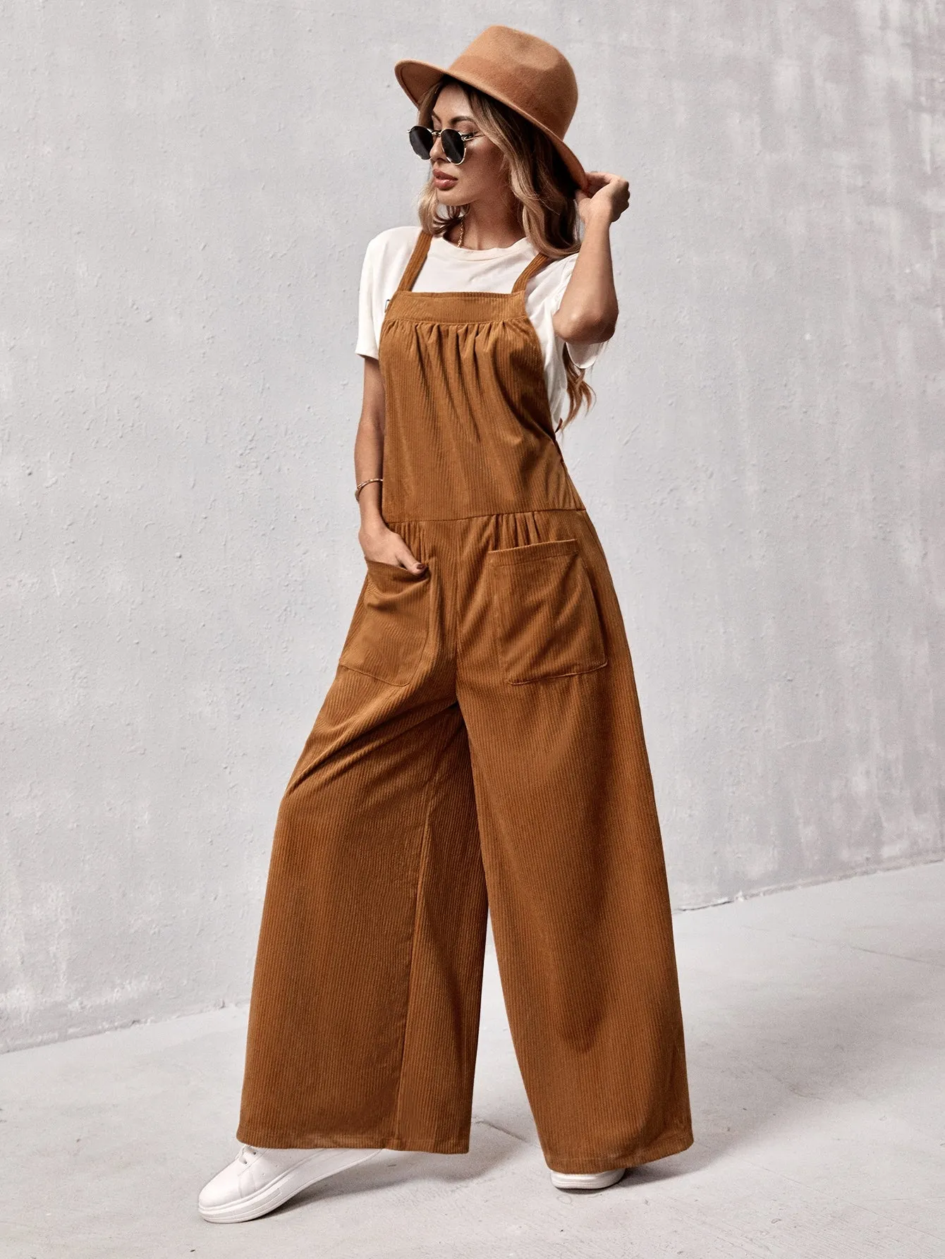 Casual Plain Pocket Sleeveless Straps Natural Long Women Jumpsuit