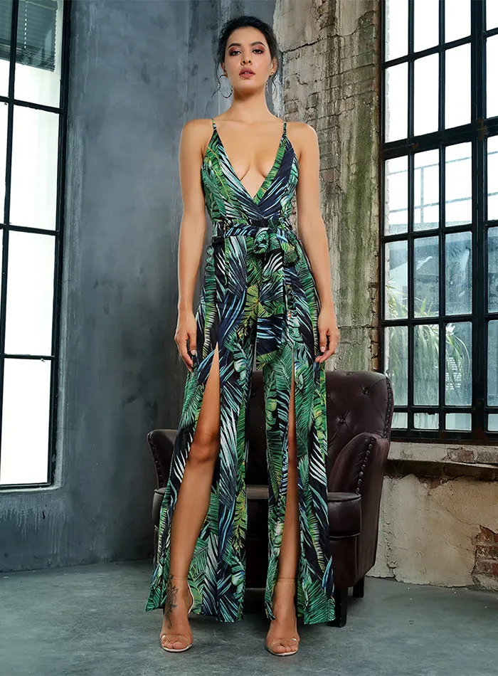 Casual Sexy Women's V-neck Split Jumpsuit With Leaf Print