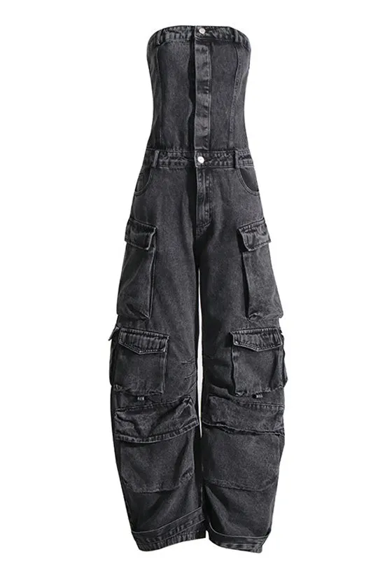 Casual Strapless Button Up High Waist Horseshoe Denim Cargo Jumpsuit