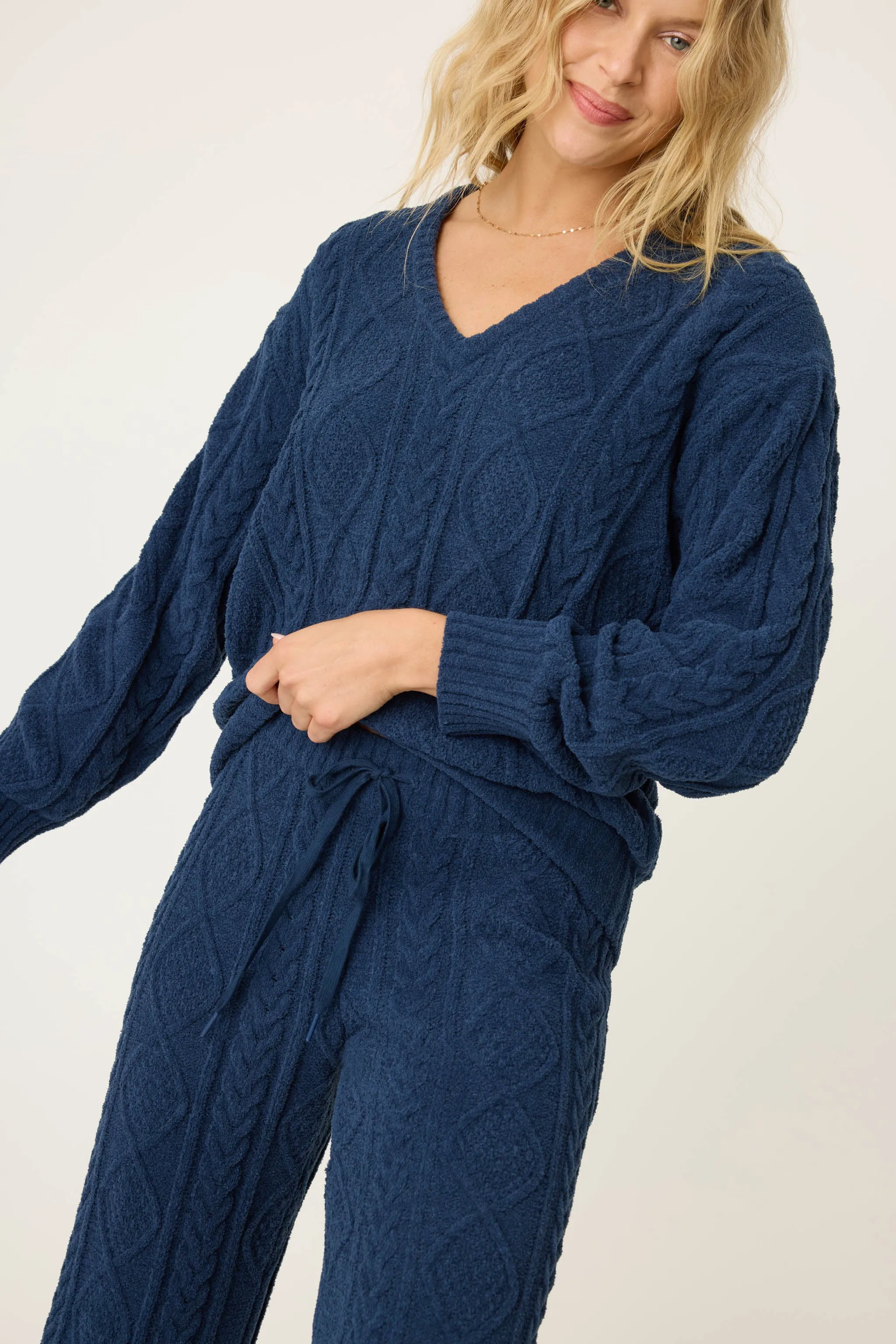 Chenille Cozy Cable Lounge V-Neck Sweater