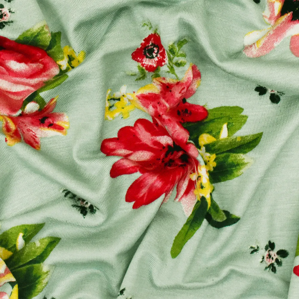 Clean Teal-Red-Multi Floral Printed Stretch Rayon Jersey Knit Fabric