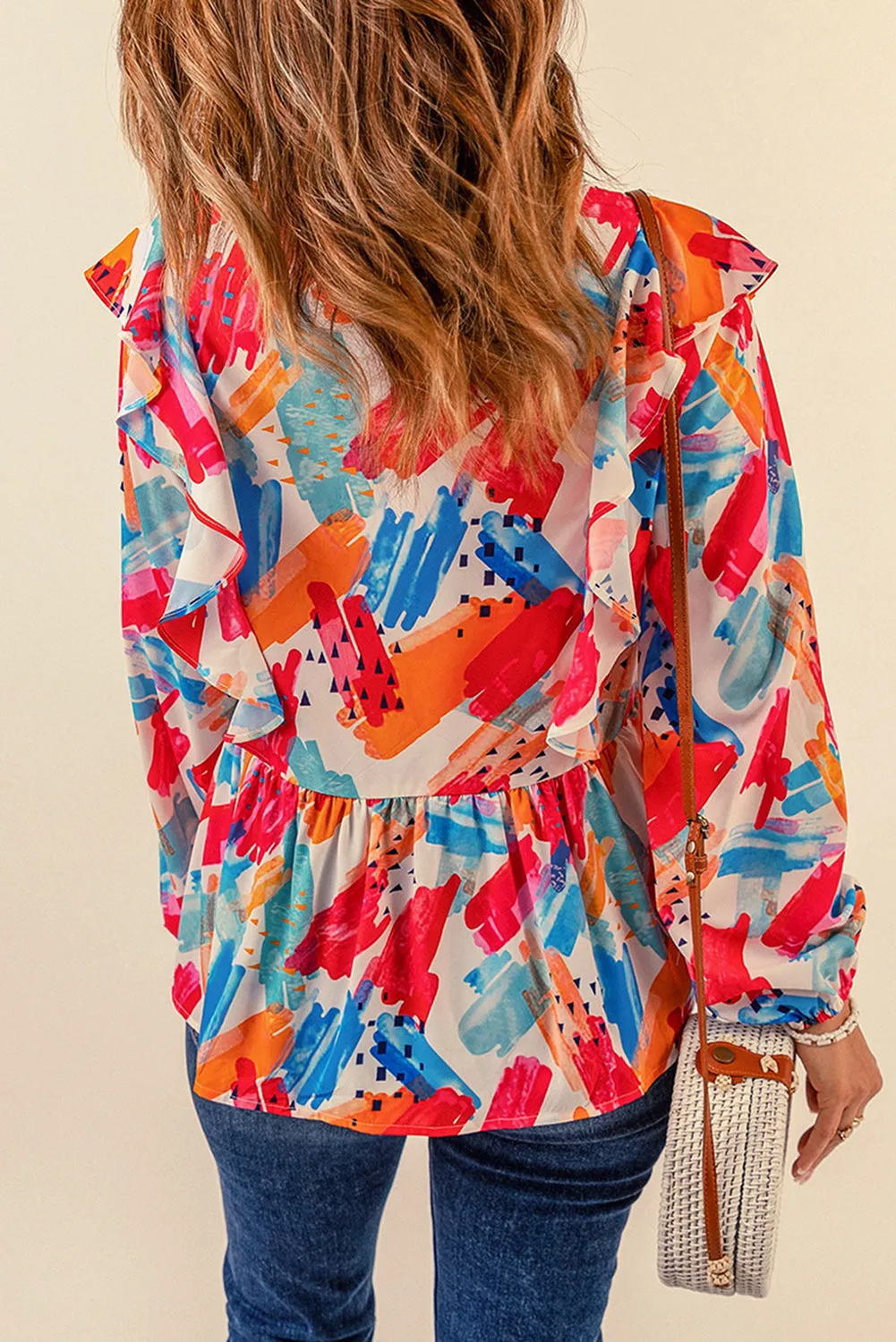 color Paint Print Ruffled Detail Loose Blouse