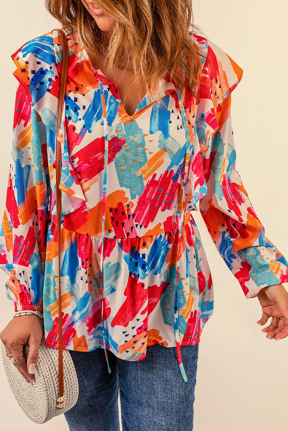 color Paint Print Ruffled Detail Loose Blouse