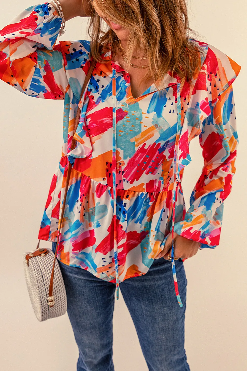 color Paint Print Ruffled Detail Loose Blouse