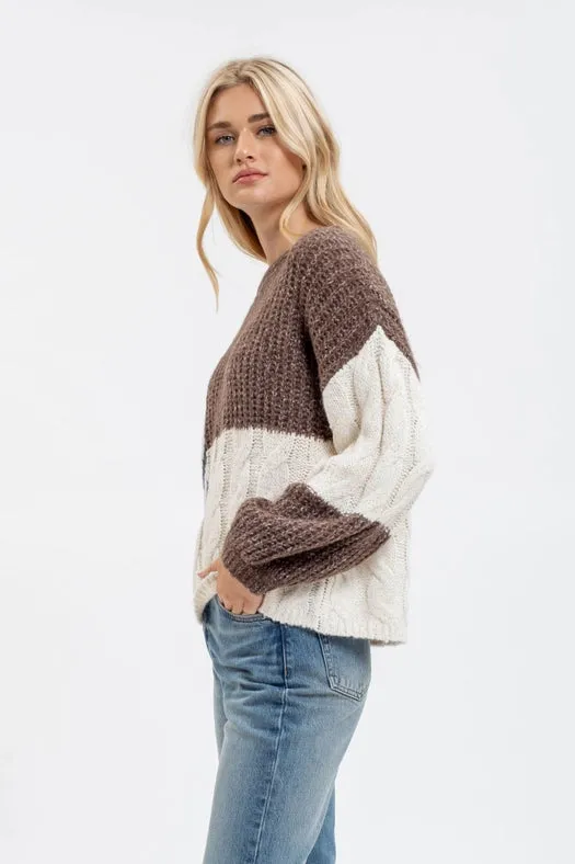 Colorblock Chevron Cable Knit Sweater BROWN MULTI