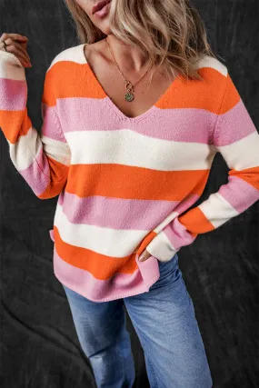 Colorblock V Neck Casual Sweater