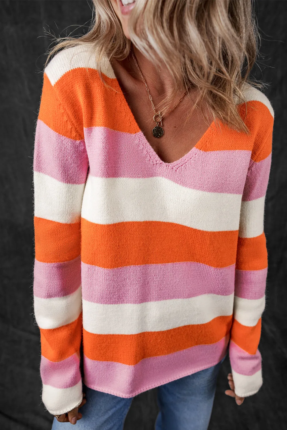 Colorblock V Neck Casual Sweater