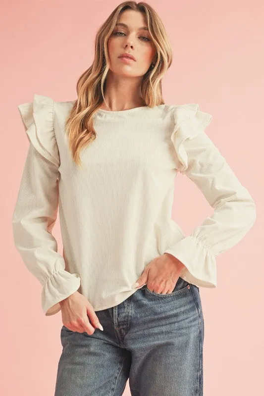 Corduroy Round Neck Ruffled Flounce Sleeve Blouse