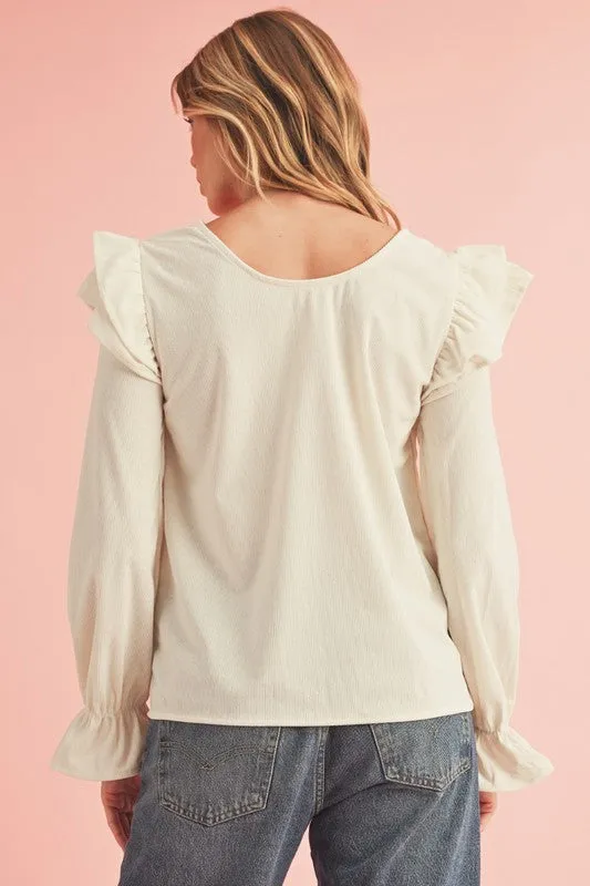 Corduroy Round Neck Ruffled Flounce Sleeve Blouse