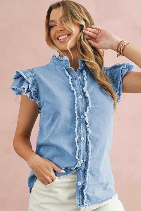 Cotton Denim Button Frill Ruffle Flutter Shirt Top