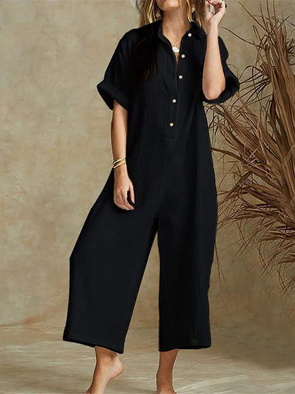 Cotton Solid Button-down Shirt Jumpsuits