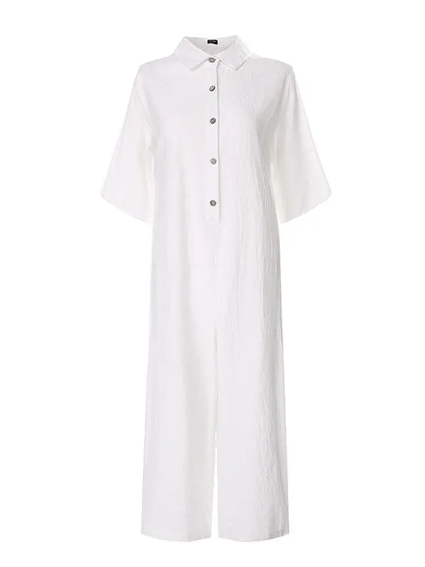 Cotton Solid Button-down Shirt Jumpsuits