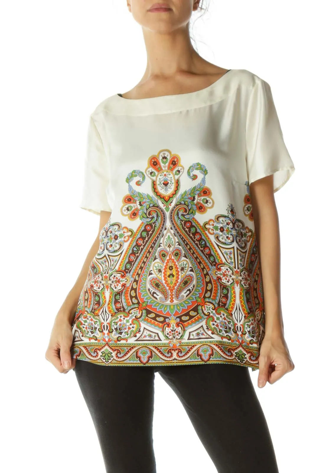 Cream Printed Silk Blouse