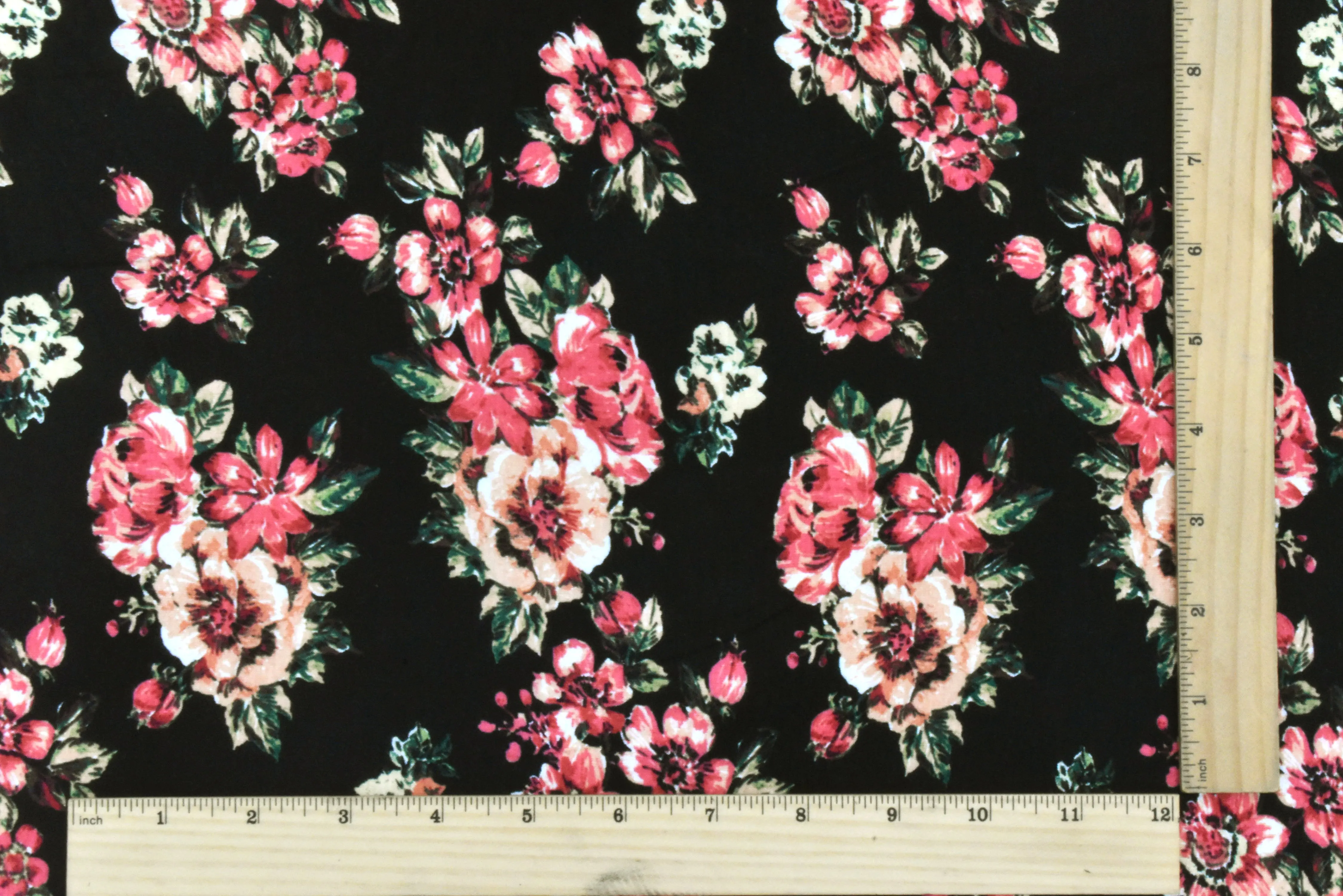 Cream Red-Green-Multi Floral Printed Rayon Stretch Jersey Knit Fabric