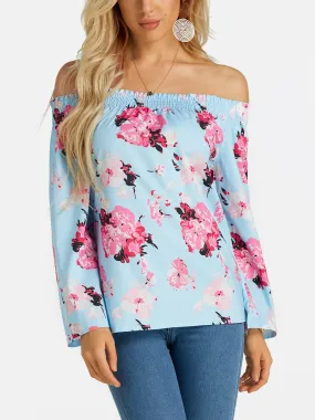 Custom Off The Shoulder Floral Print Long Sleeve Blue Blouses