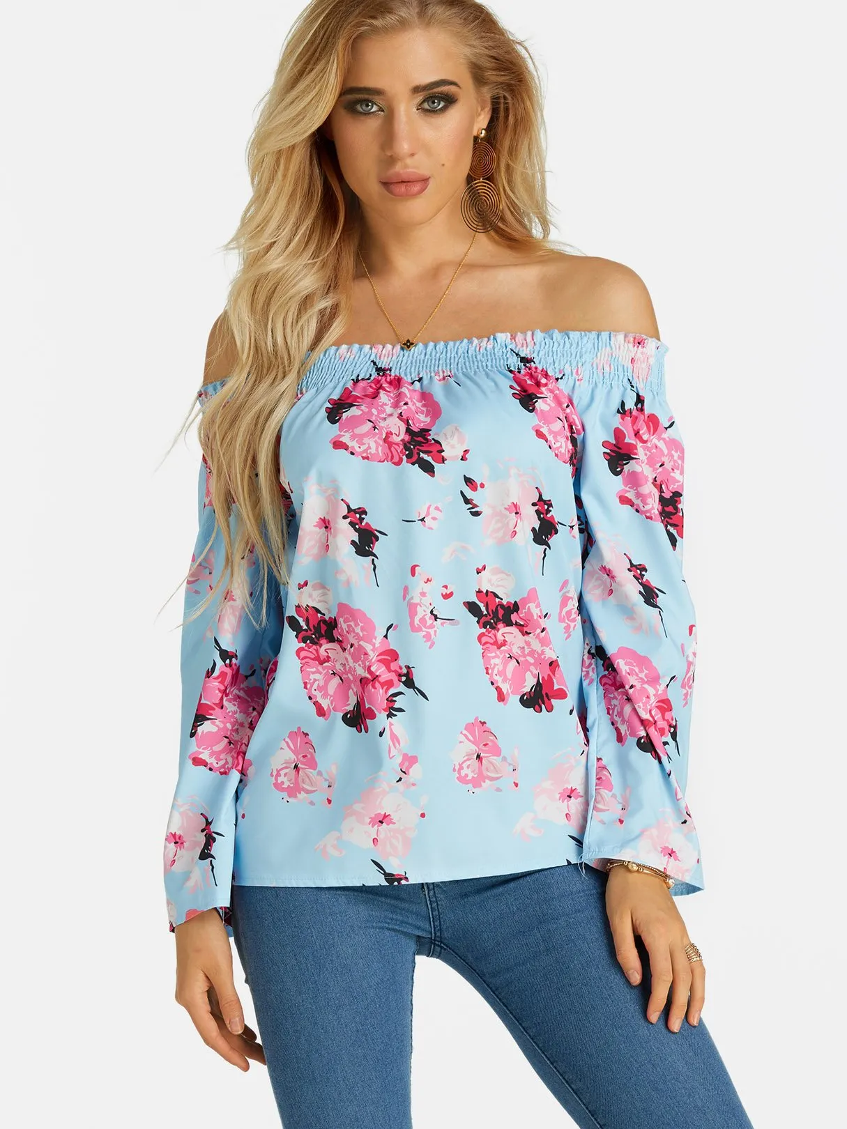 Custom Off The Shoulder Floral Print Long Sleeve Blue Blouses