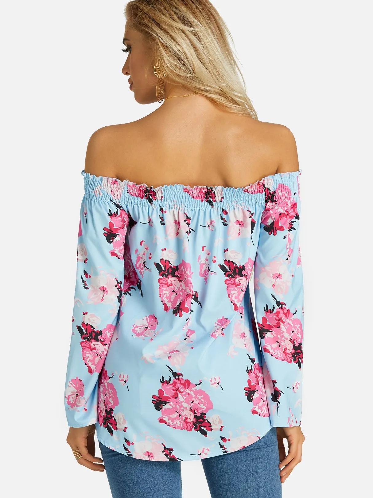 Custom Off The Shoulder Floral Print Long Sleeve Blue Blouses