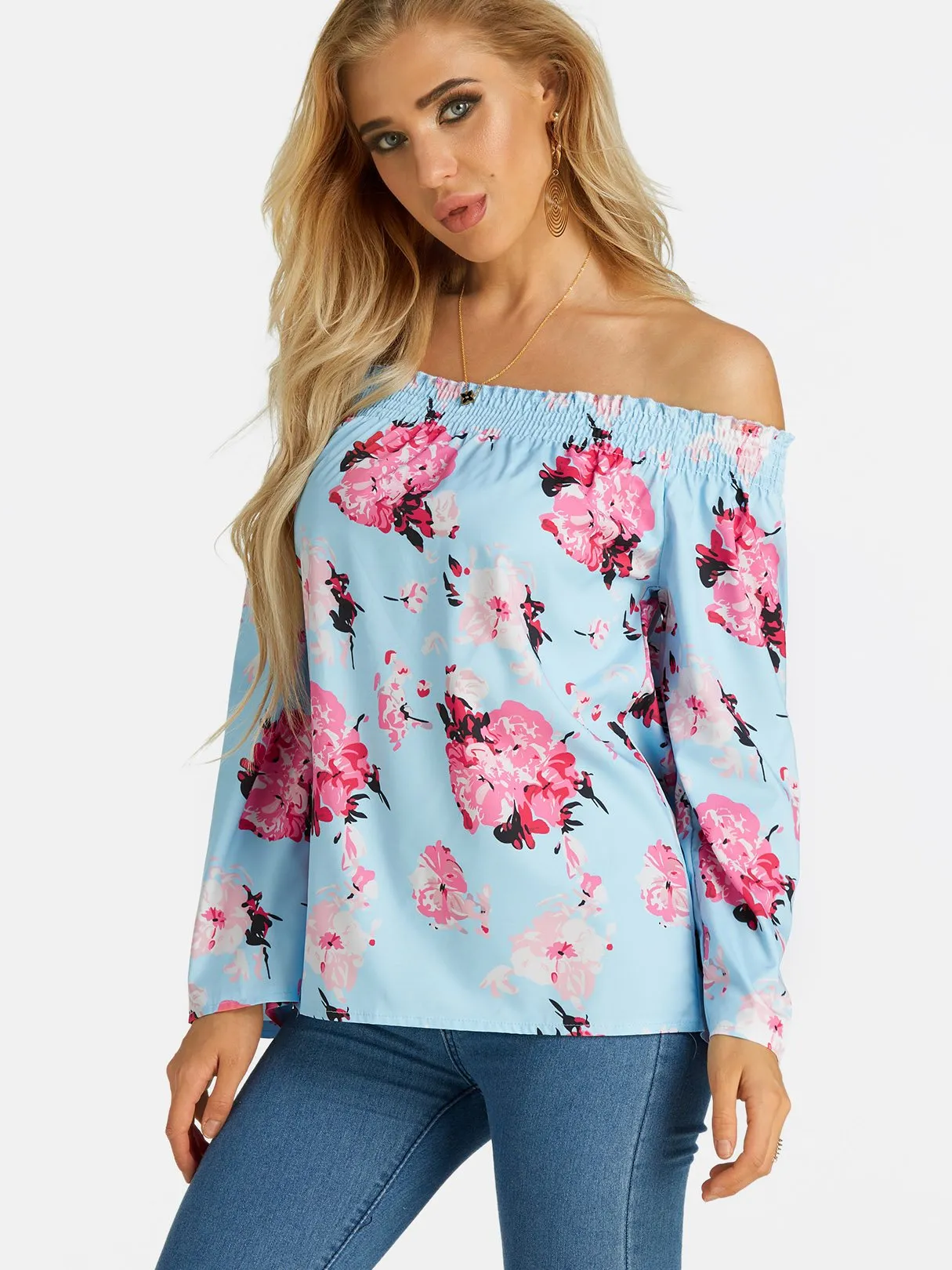 Custom Off The Shoulder Floral Print Long Sleeve Blue Blouses