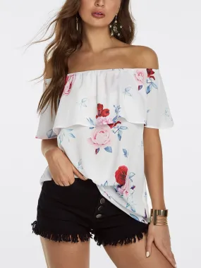 Custom Off The Shoulder Floral Print Tiered Short Sleeve White Blouses