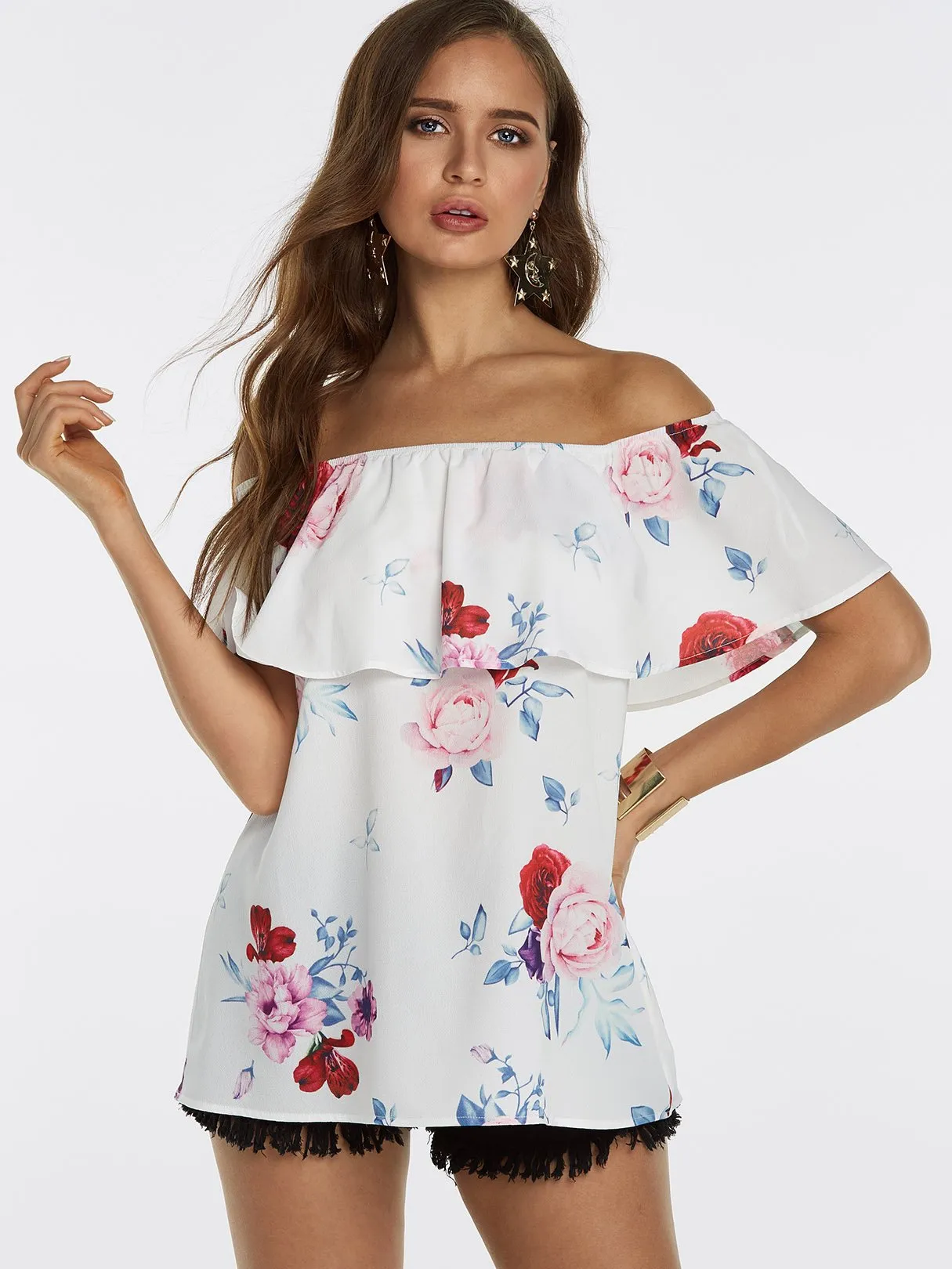 Custom Off The Shoulder Floral Print Tiered Short Sleeve White Blouses