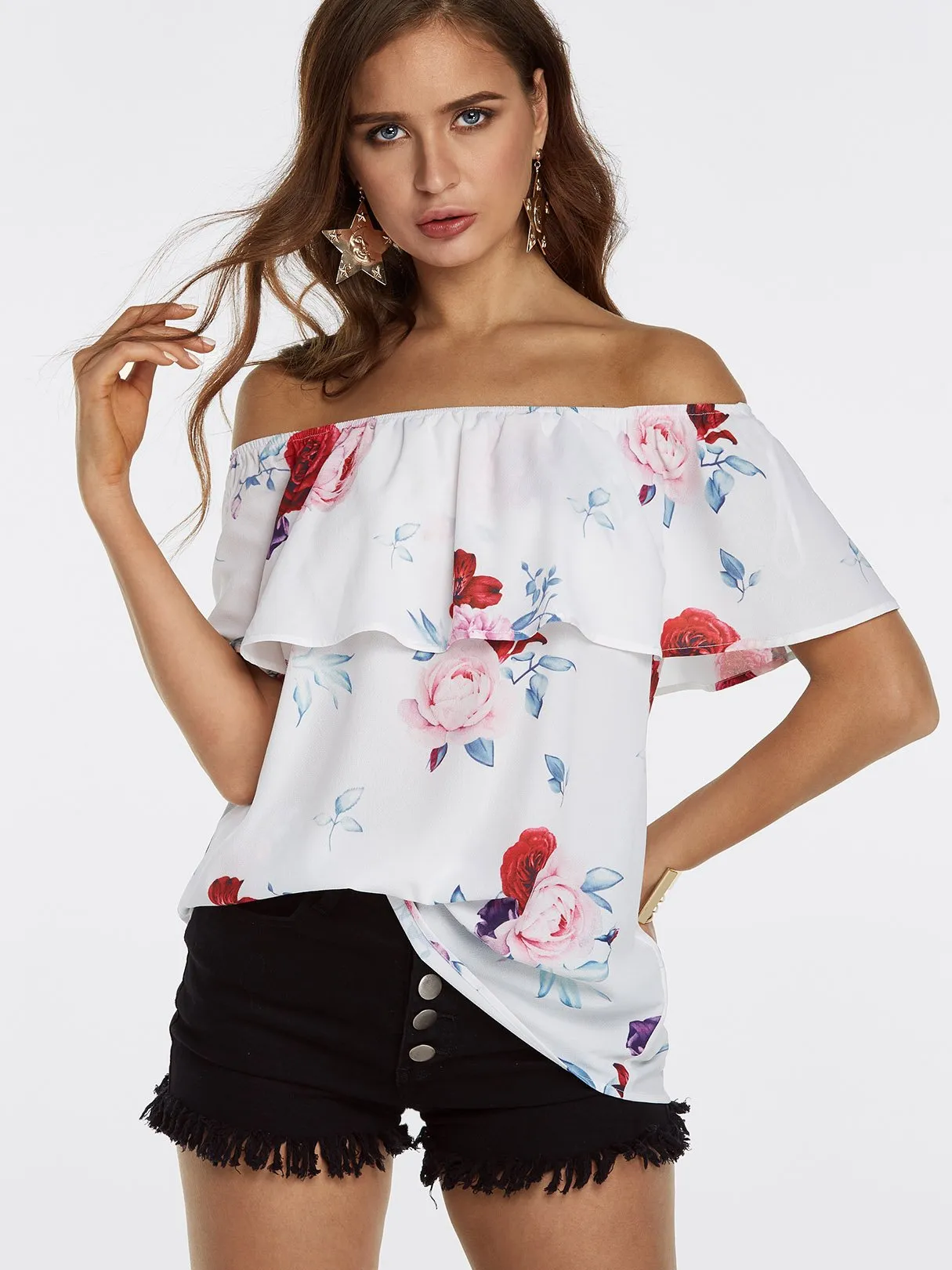 Custom Off The Shoulder Floral Print Tiered Short Sleeve White Blouses