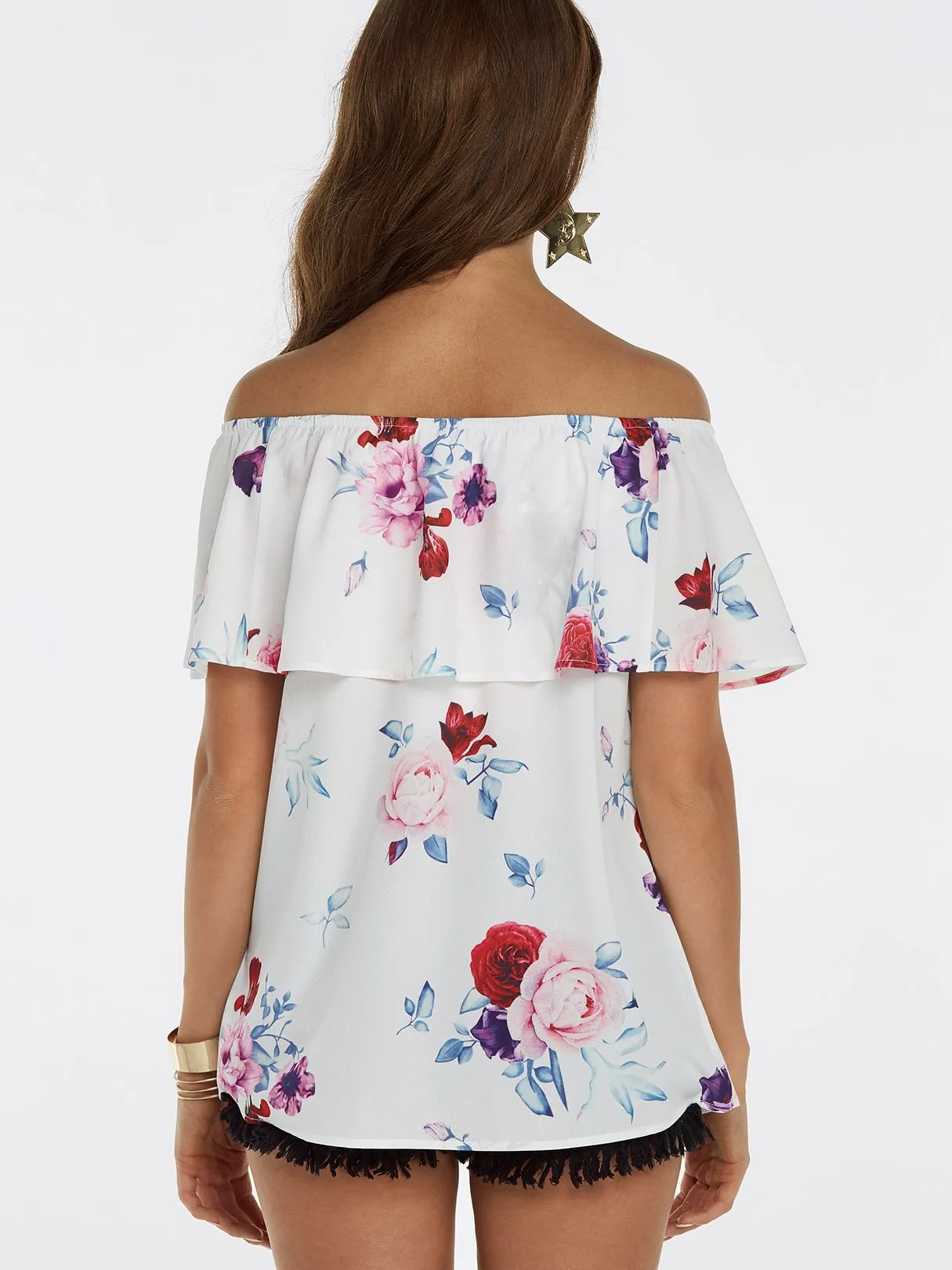 Custom Off The Shoulder Floral Print Tiered Short Sleeve White Blouses