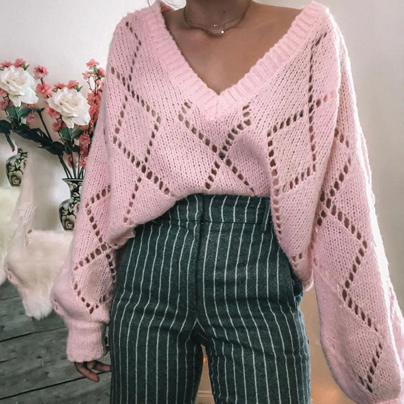 Cute Pink Oversized V Neck Long Sleeve Argy Pointelle Knit Sweater