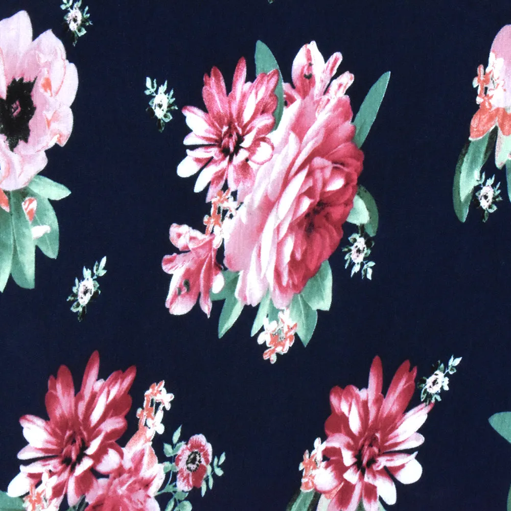 Deep Navy-Pink-Multi Floral Printed Rayon Stretch Jersey Knit Fabric